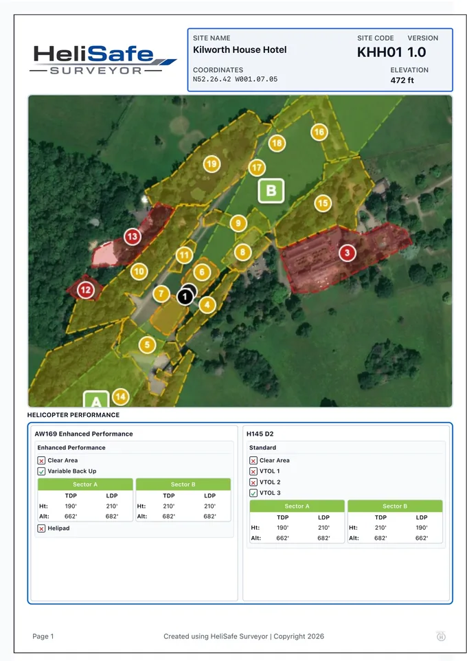 HLS plate page 1 — site header, map with numbered obstacles and aircraft performance data