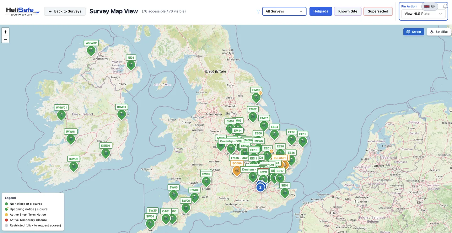 The HeliSafe Surveyor map view, showing landing sites across the UK and Ireland with current status