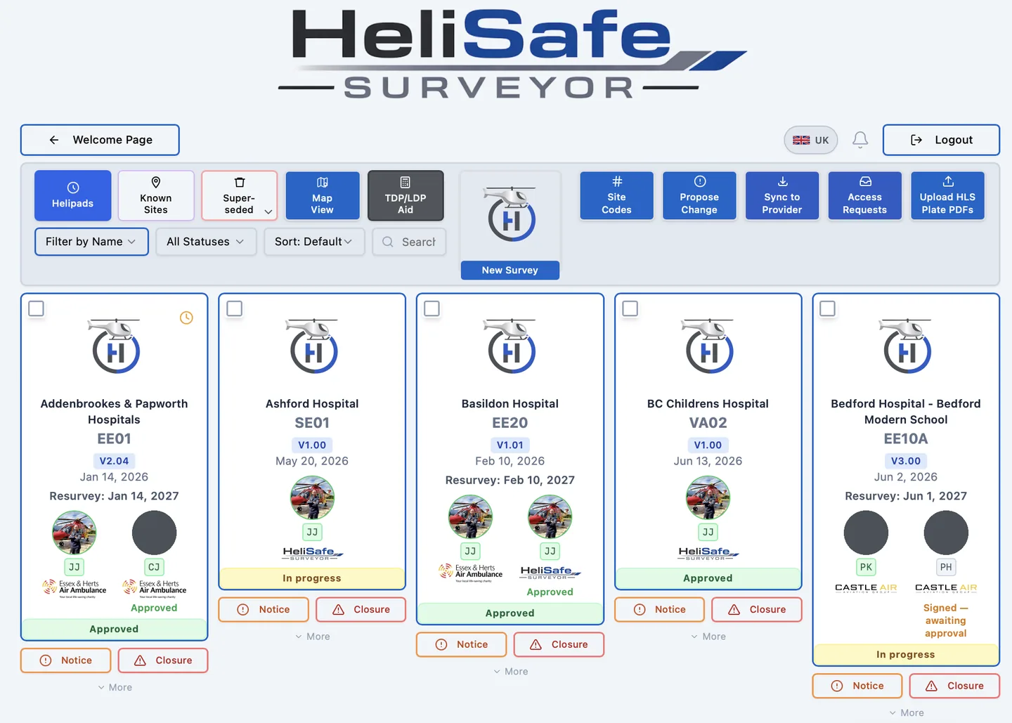 The HeliSafe Surveyor surveys list, showing sites with version numbers, resurvey dates, approval status and named sign-off